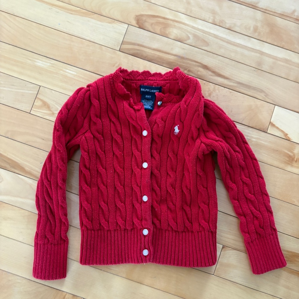 Ralph Lauren Cable Knit Fisherman Cardigan Sweater Girls 4T Red Preppy